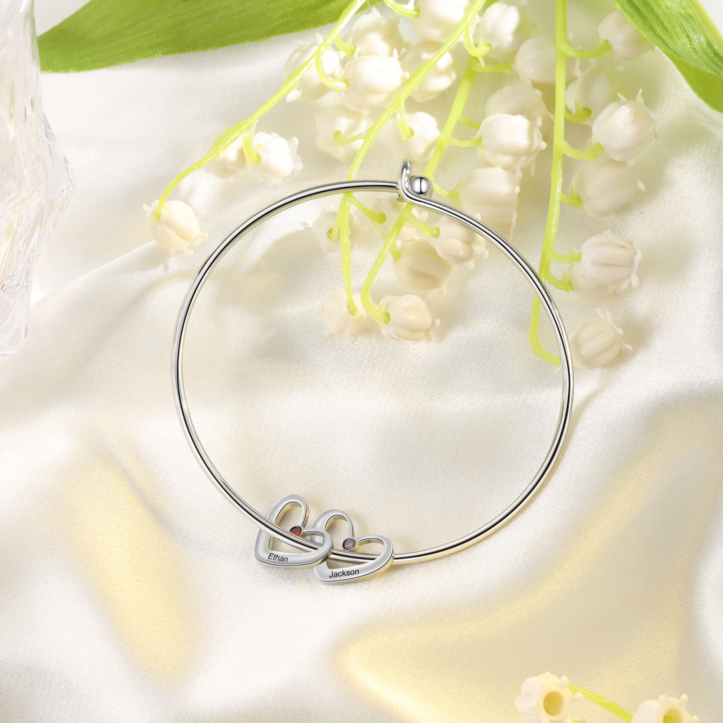 Personalised Heart Bangle With 2 Names and Birthstones Bangle Bracelet Mother's Day Gifts For women
