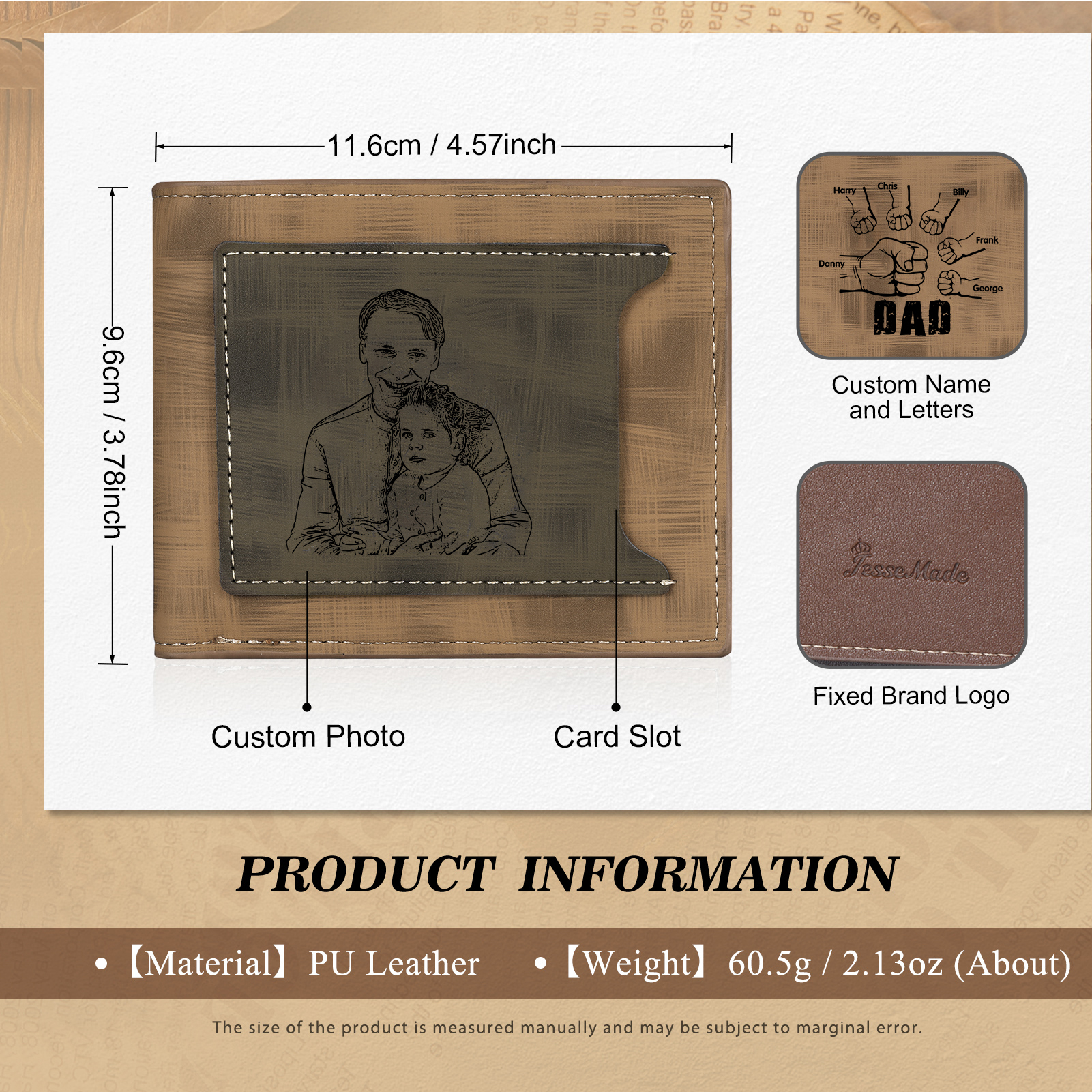 6 Names - Personalised Photo Custom Leather Men's Wallet as a Father's Day Gift for Dad