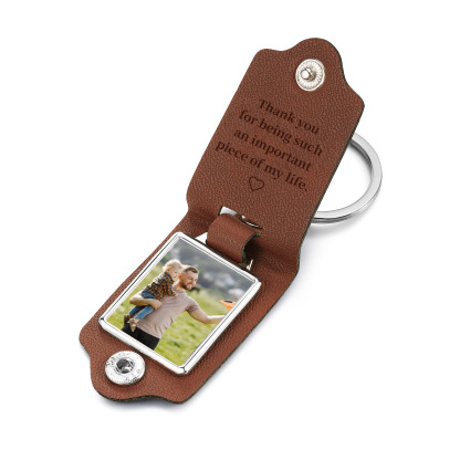 Personalised 2 Texts & 1 Photo Men's Leather Keyring Three Colors Available for Dad