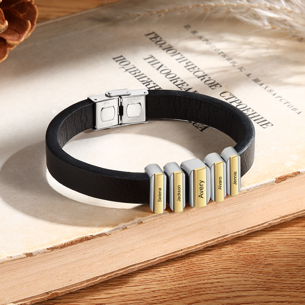 5 Names Personalised Stainless Steel Leather Bracelet Engraved Name Men's Bracelet Gift for Dad
