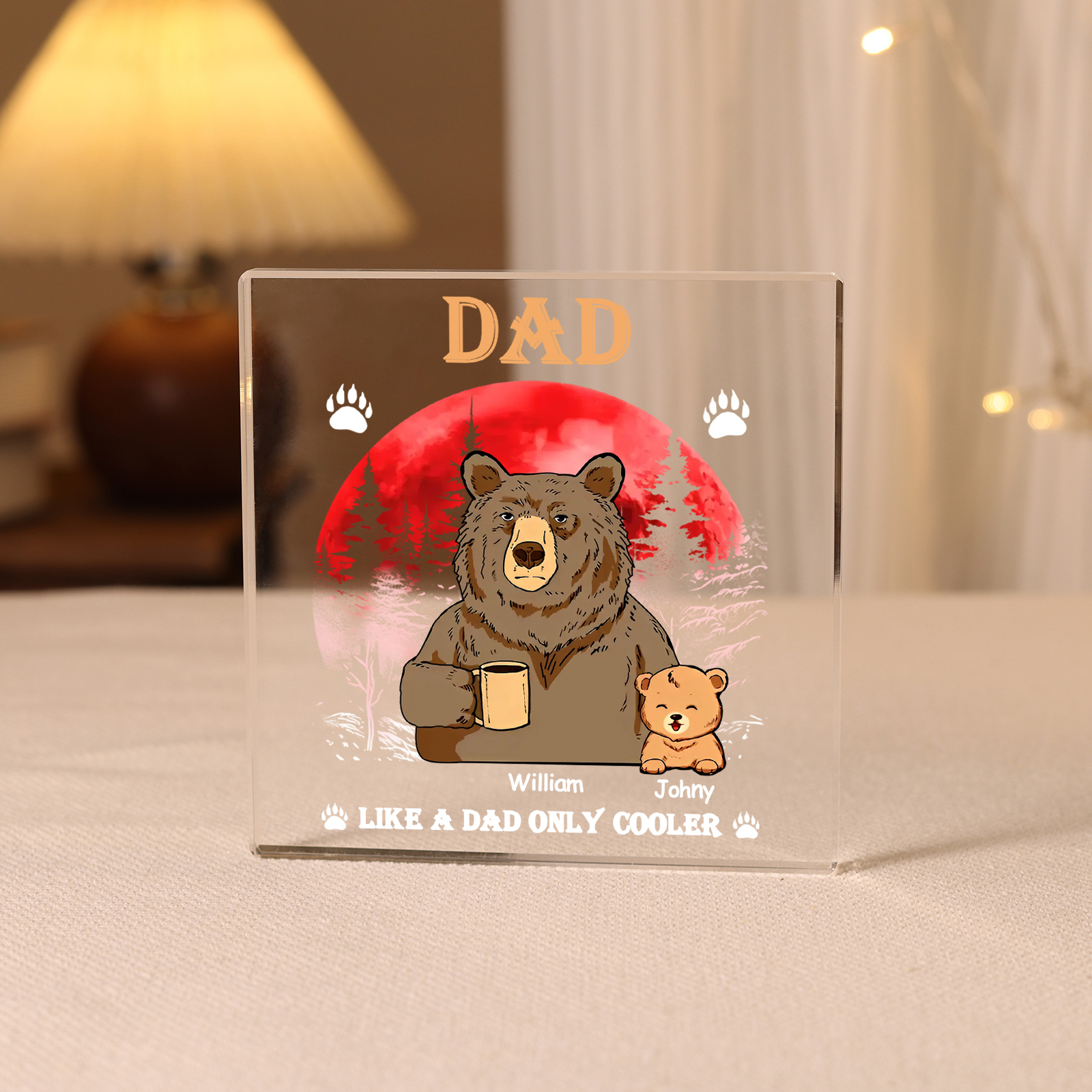 2 Names - Personalised Bear Family Pattern Custom Name Acrylic Square Ornament Father's Day Gift