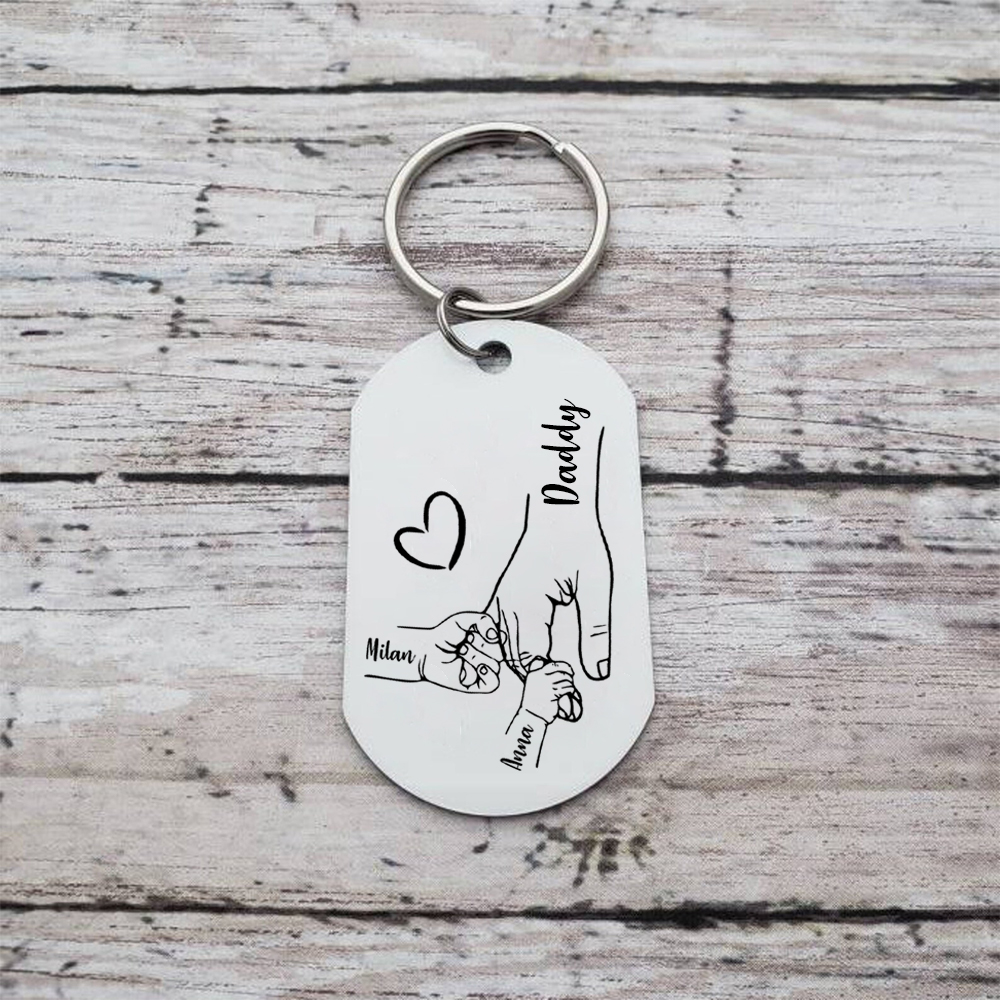 2 Names - Personalised Holding Hands Keyring with name and text Gift for Dad