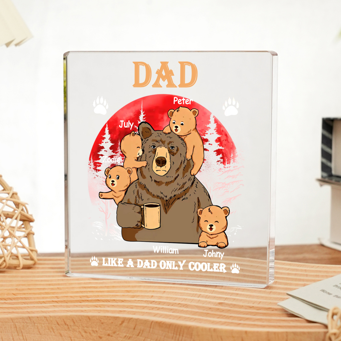 5 Names - Personalised Bear Family Pattern Custom Name Acrylic Square Ornament Father's Day Gift