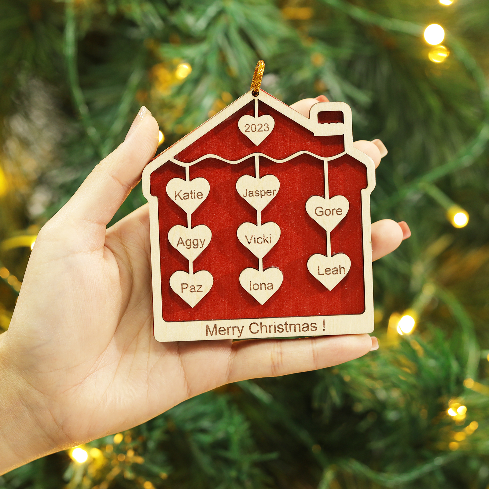 8 Names-Personalised Family Wooden Christmas Xmas Tree Decoration Ornament-Custom 8 Names And Year Hanging Ornament Gifts For Family