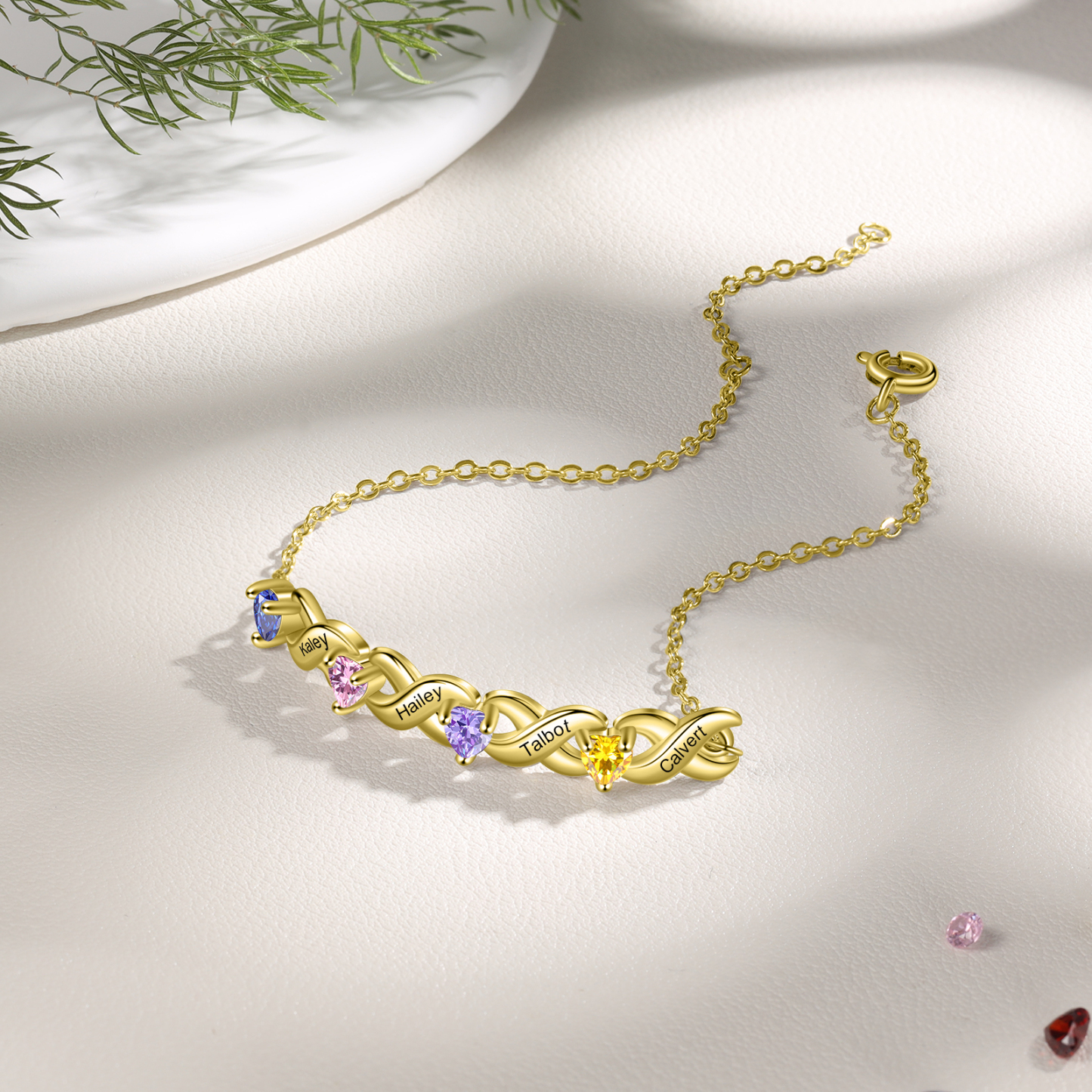 Personalised Bracelet With 4 Heart Birthstones Engraved Names Bracelet Gift For Women