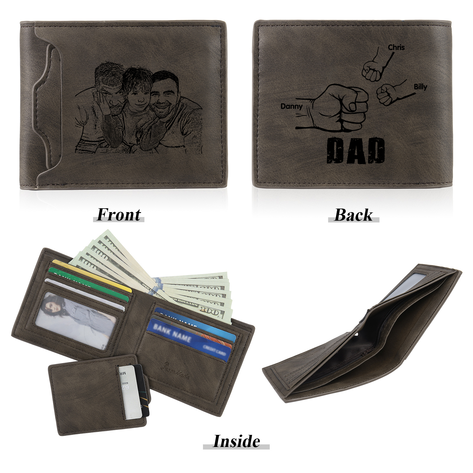 3 Names - Personalised Photo Custom Leather Men's Folding Wallet as a Father's Day Gift for Dad
