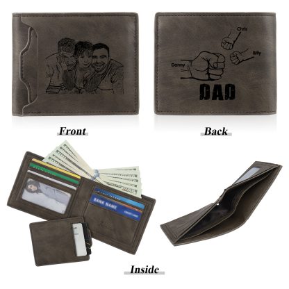 3 Names - Personalised Photo Custom Leather Men's Folding Wallet as a Father's Day Gift for Dad