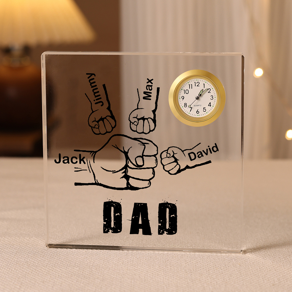 4 Names - Personalised Customized Name and Text Fist Bump Pattern Acrylic Rectangular Clock Ornament Father's Day Gift for Dad