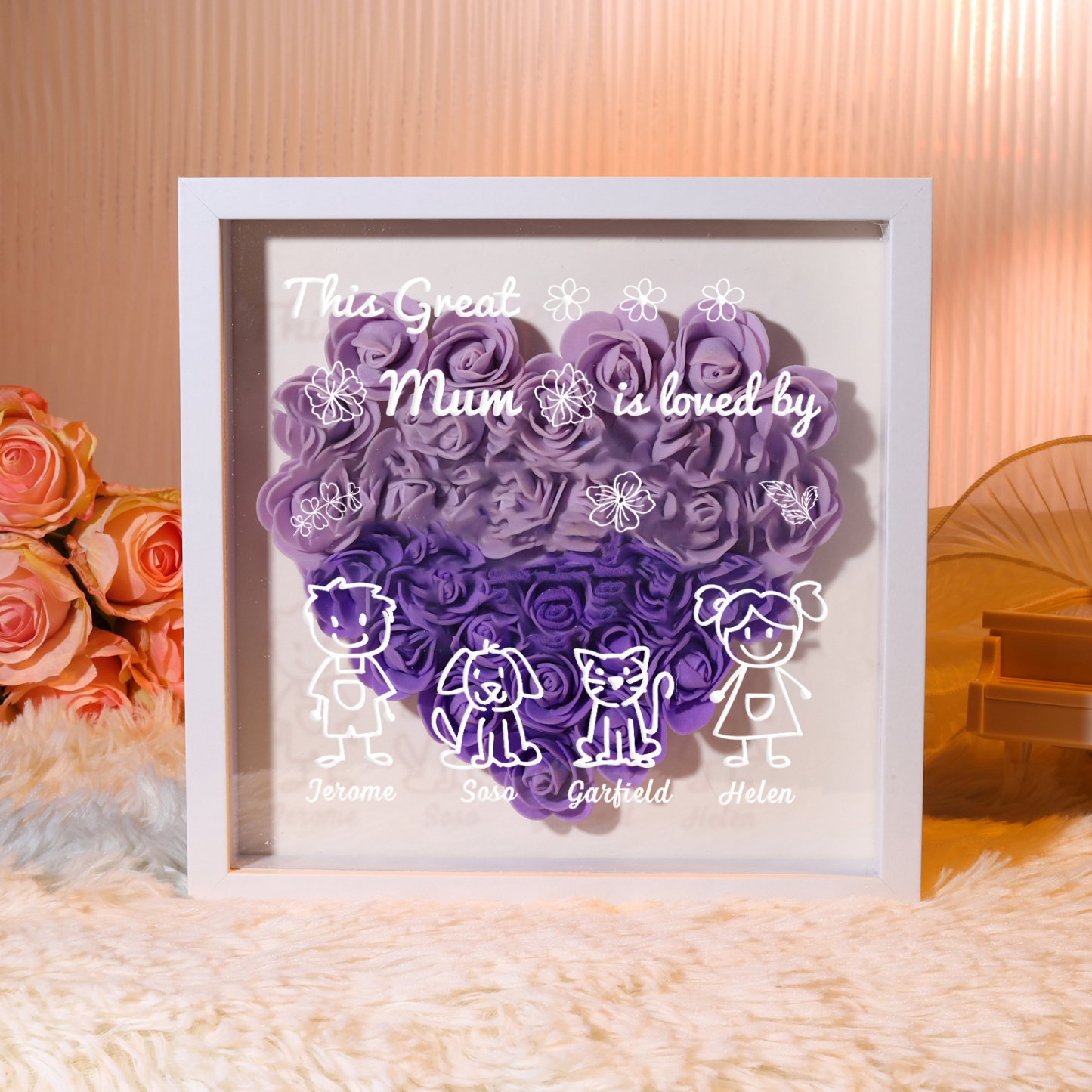 Personalised 3D Floral Shadow Box – Custom 4 Kids&Pets Names –This Great Mum Is Loved By- Gift for Mum, Nan & Loved Ones| Jessemade