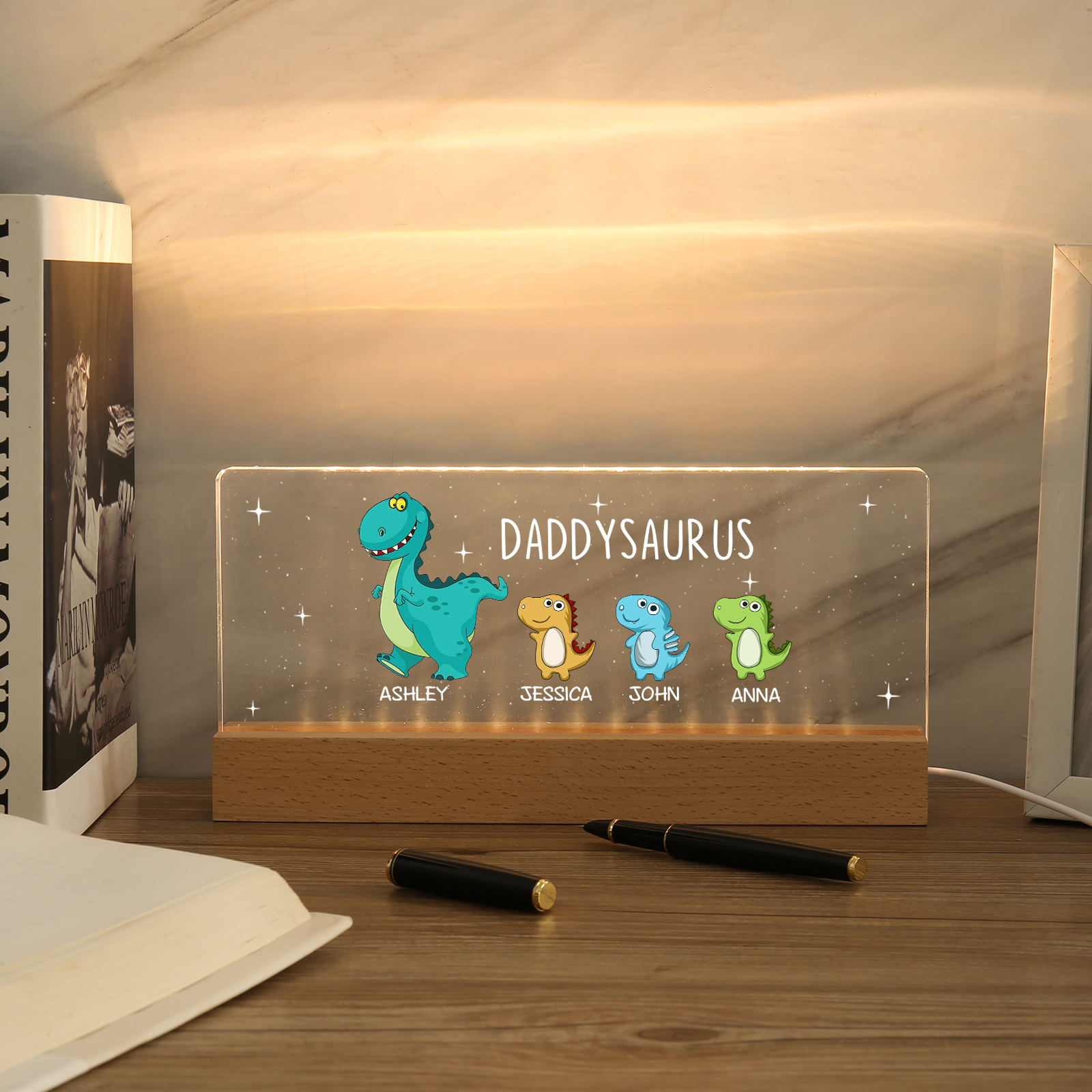 4 Names - Personalised Cute Dinosaur Pattern Beautiful Table Lamp Father's Day Gift for Dad