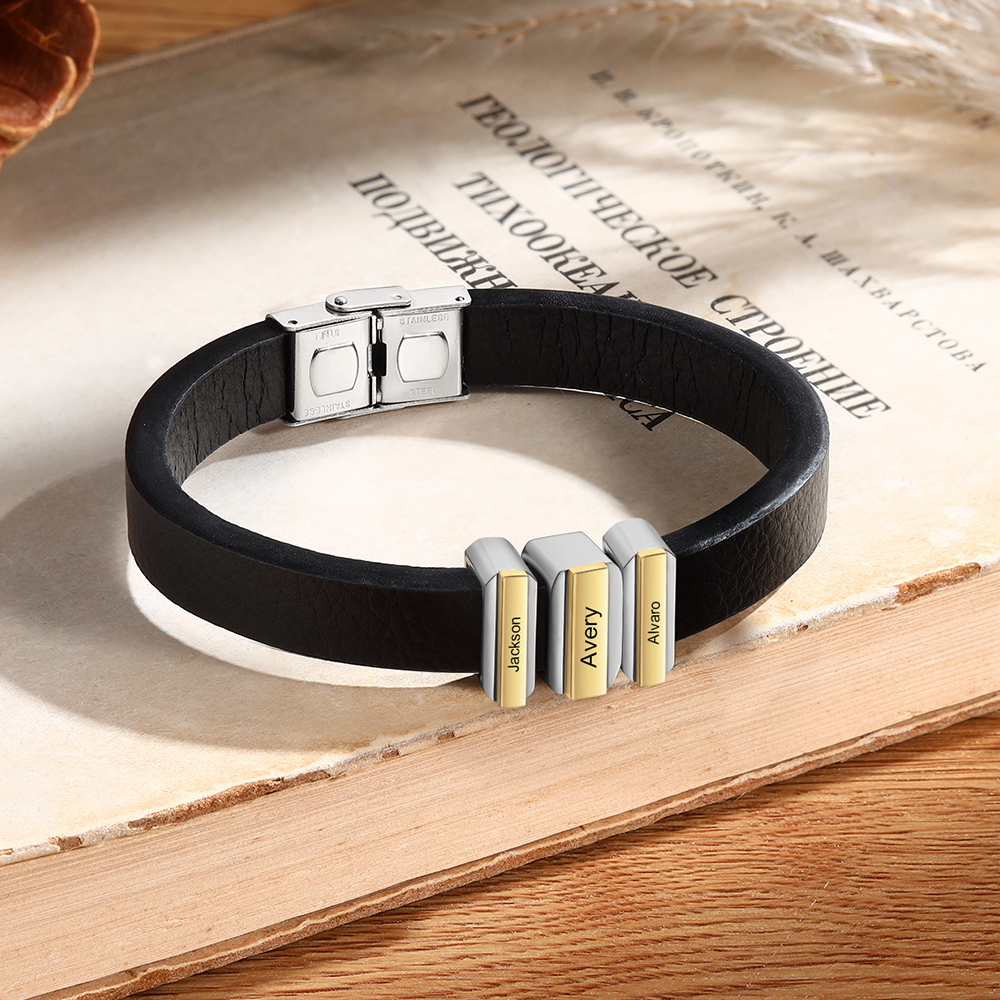 3 Names Personalised Stainless Steel Leather Bracelet Engraved Name Men's Bracelet Gift for Dad