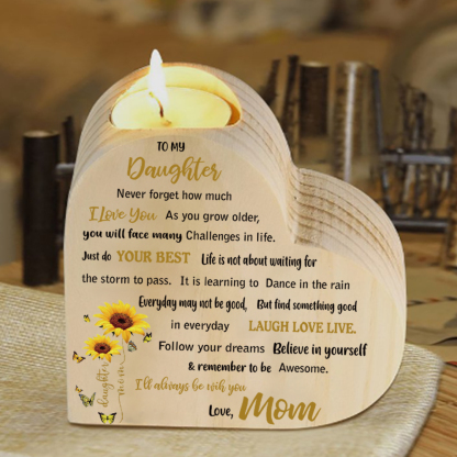 To My Daughter Wooden Heart Candle Holder Sunflowers Candlesticks "I'll always be with you"