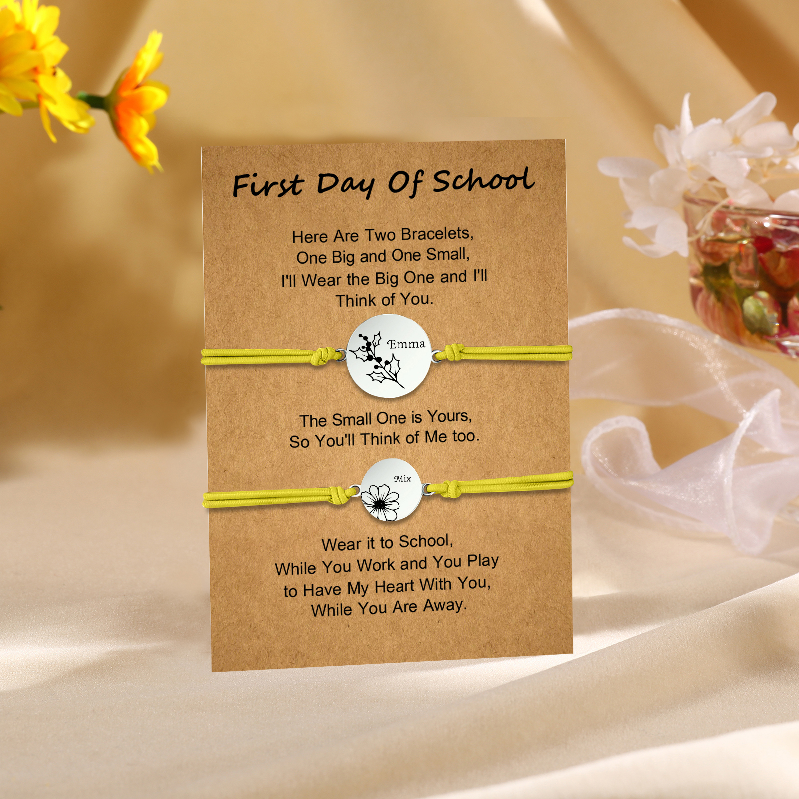 2 PCS Personalized 2 Birthflowers & 2 Names Elastic Stainless Steel Bracelet First Day of School Gift for Daughter