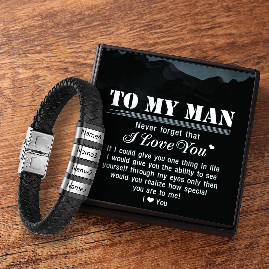 Men Leather Braided Bracelet Personalised with 4 Names 4 Beads Gift For Father's Day