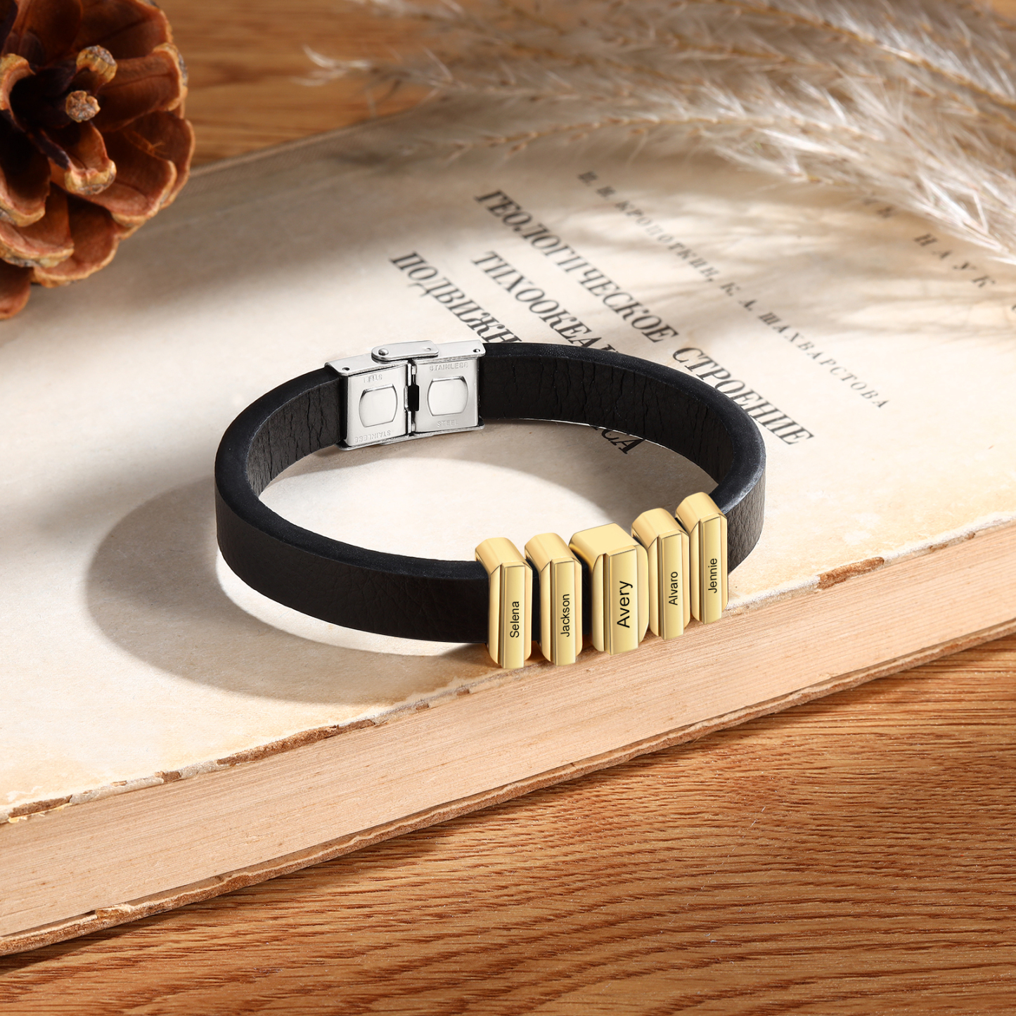 5 Names Personalised Stainless Steel Leather Bracelet Engraved Name Men's Bracelet Gift for Dad