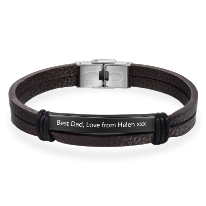 Personalised Text Brown Leather Bracelet Men's Bracelet Father's Day Gift for Dad