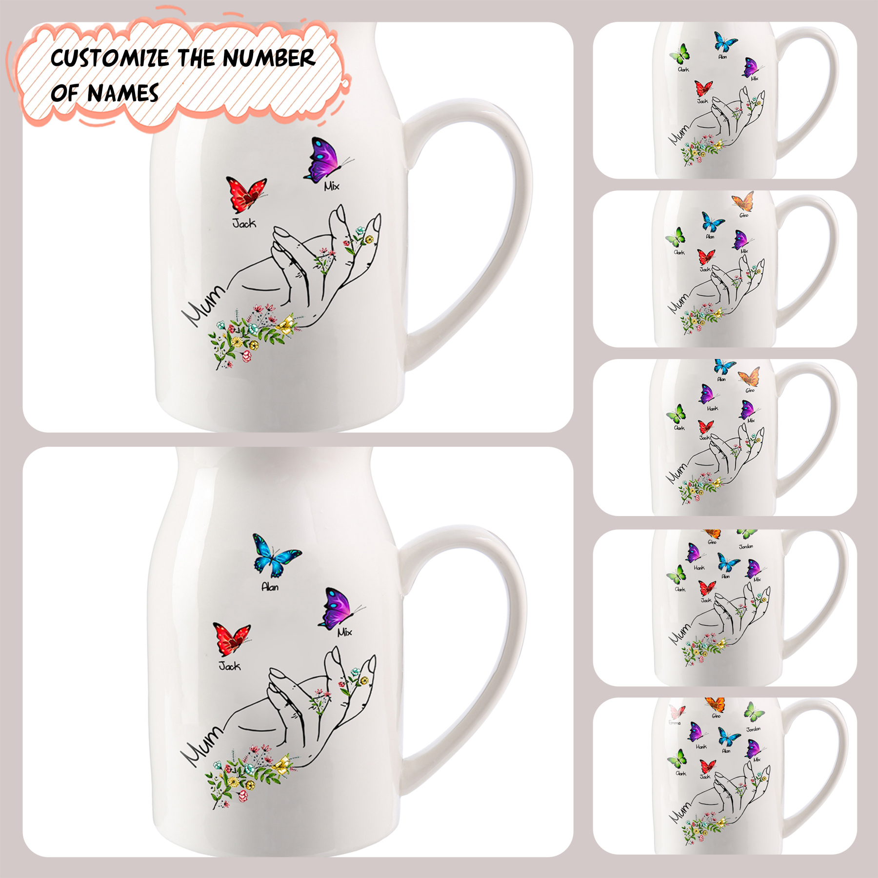 8 Names - Personalised Beautiful Flower Hand Butterfly Style Ceramic Vase with Customizable Names As a Special Gift For Mum