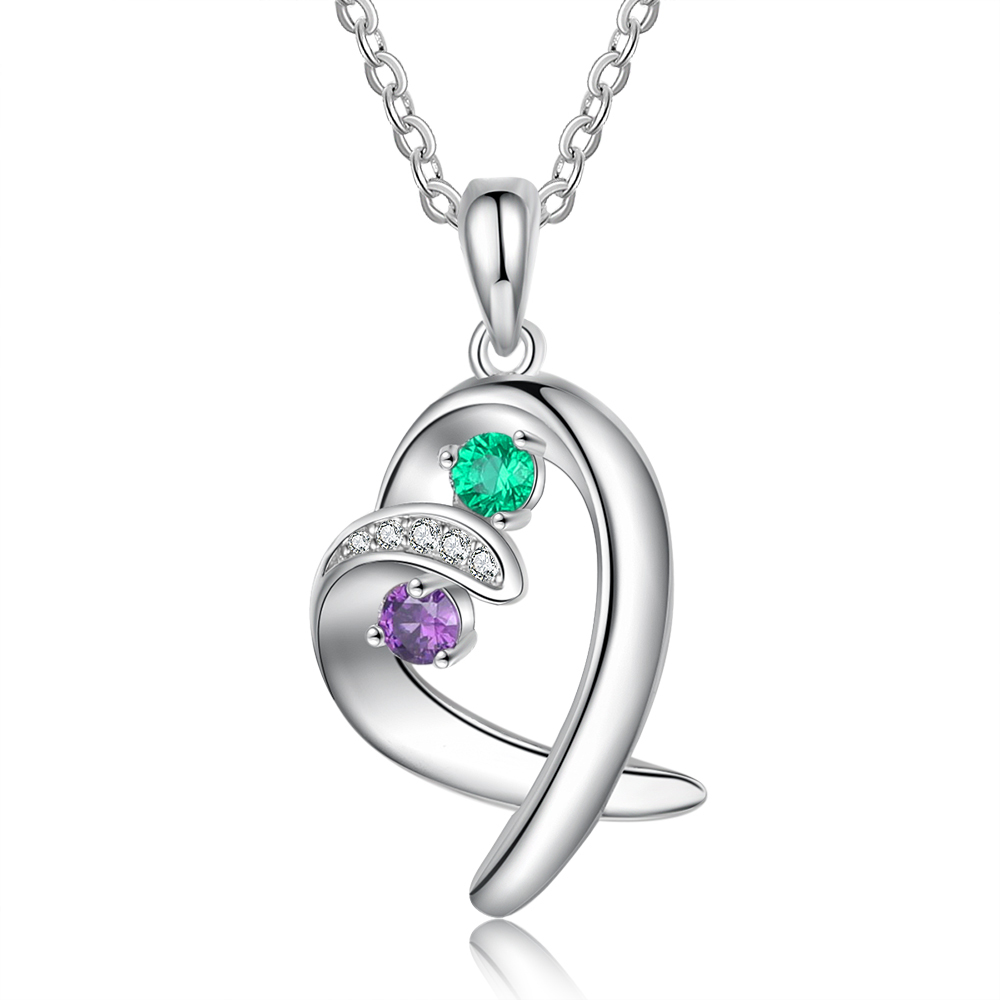 Personalised Heart Necklace With 2 Birthstones Engraved Names Gift For Her