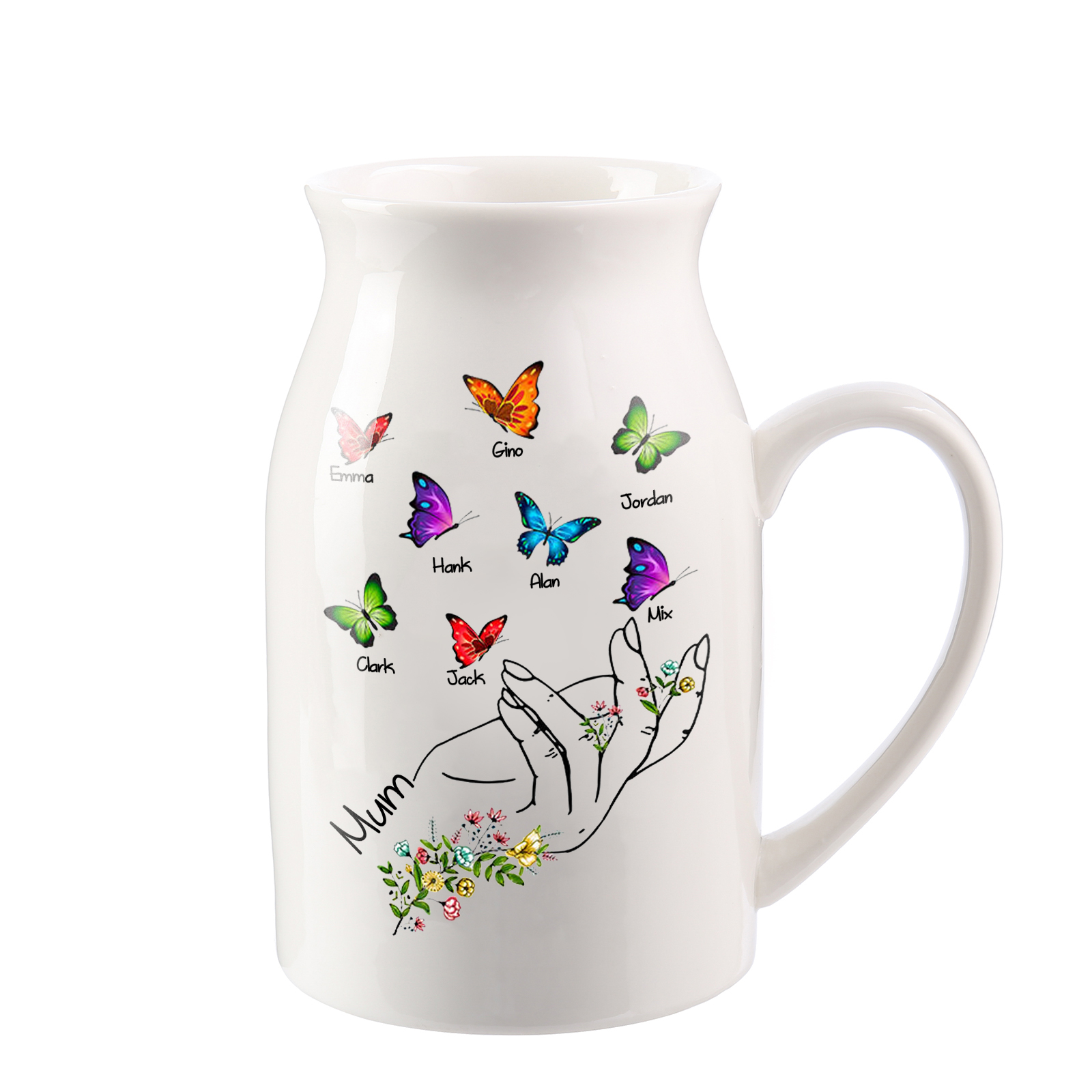 8 Names - Personalised Beautiful Flower Hand Butterfly Style Ceramic Vase with Customizable Names As a Special Gift For Mum