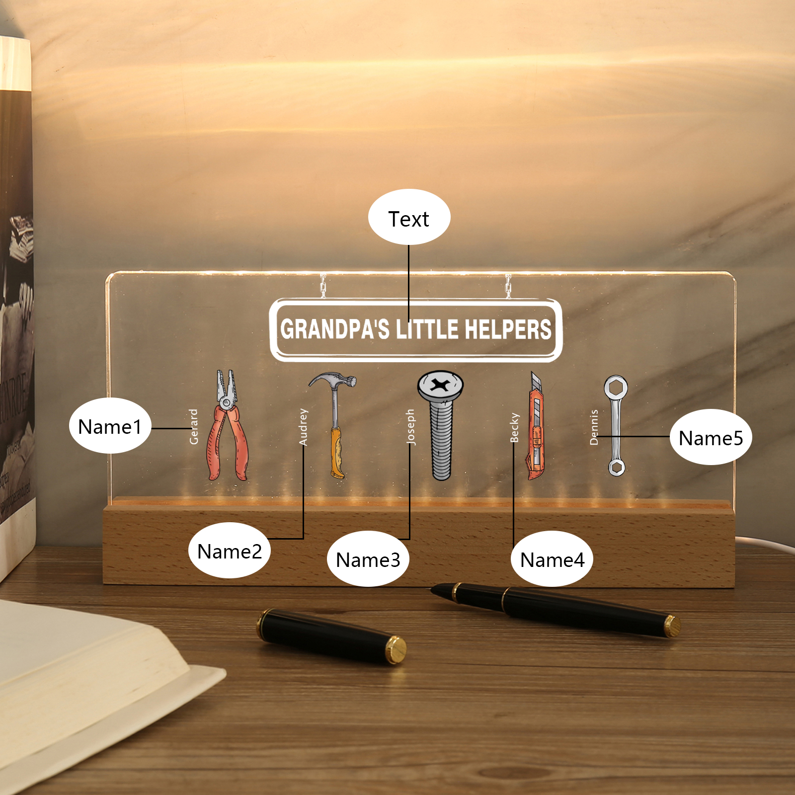 5 Names - Personalised Repair Tool Pattern Table Lamp Customized Text Father's Day Gift for Grandad/Dad