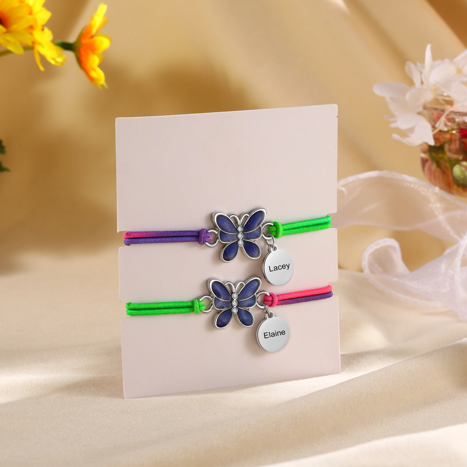 2 Pcs Personalized Name Color Changing Bracelets Cute Cartoon Animal Butterfly Stretch Bracelet Set Back to School Gift for Girls