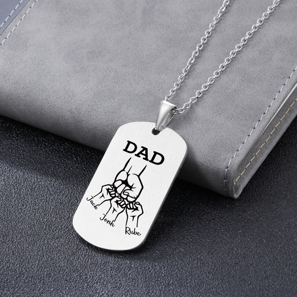 4 Names-Personalised Dad Photo Fist Stainless Steel Necklace-Custom Names and Photo Necklace for Father/Grandad
