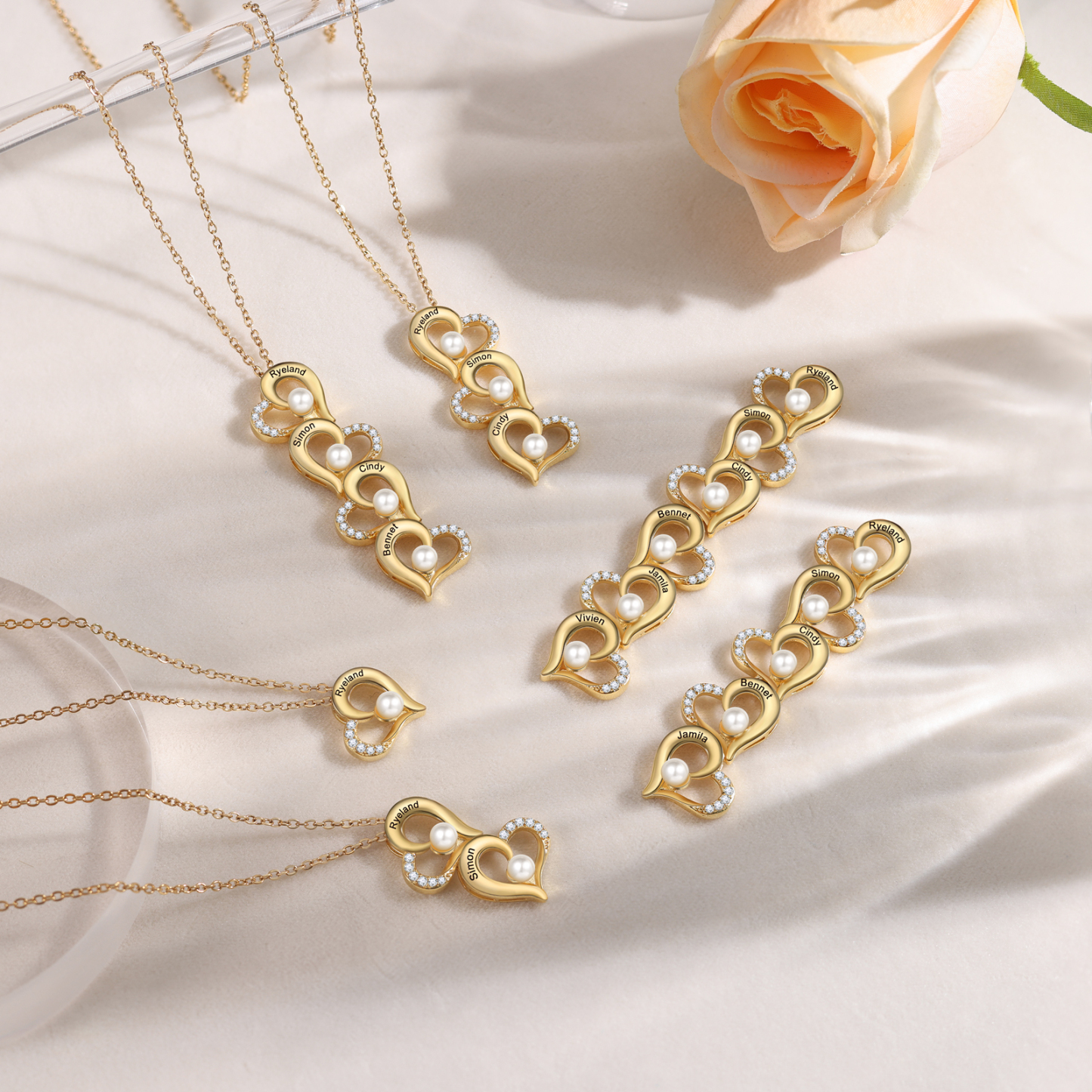 2 Names-Custom Women Pearl Heart Necklace, Personalised 1-6 Names Necklace for Her