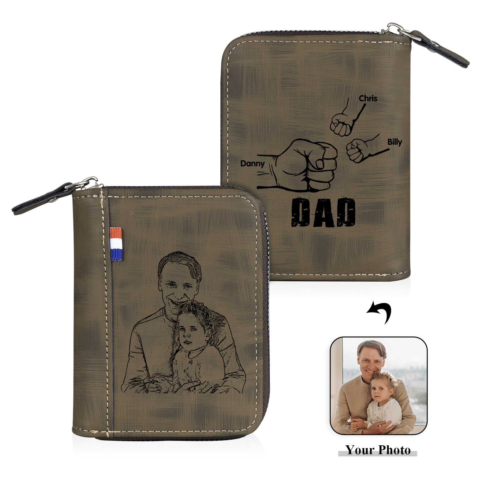 3 Names - Personalised Fist Bump Fist Bump Photo Custom Leather Men's Zipper Wallet as a Father's Day Gift for Dad