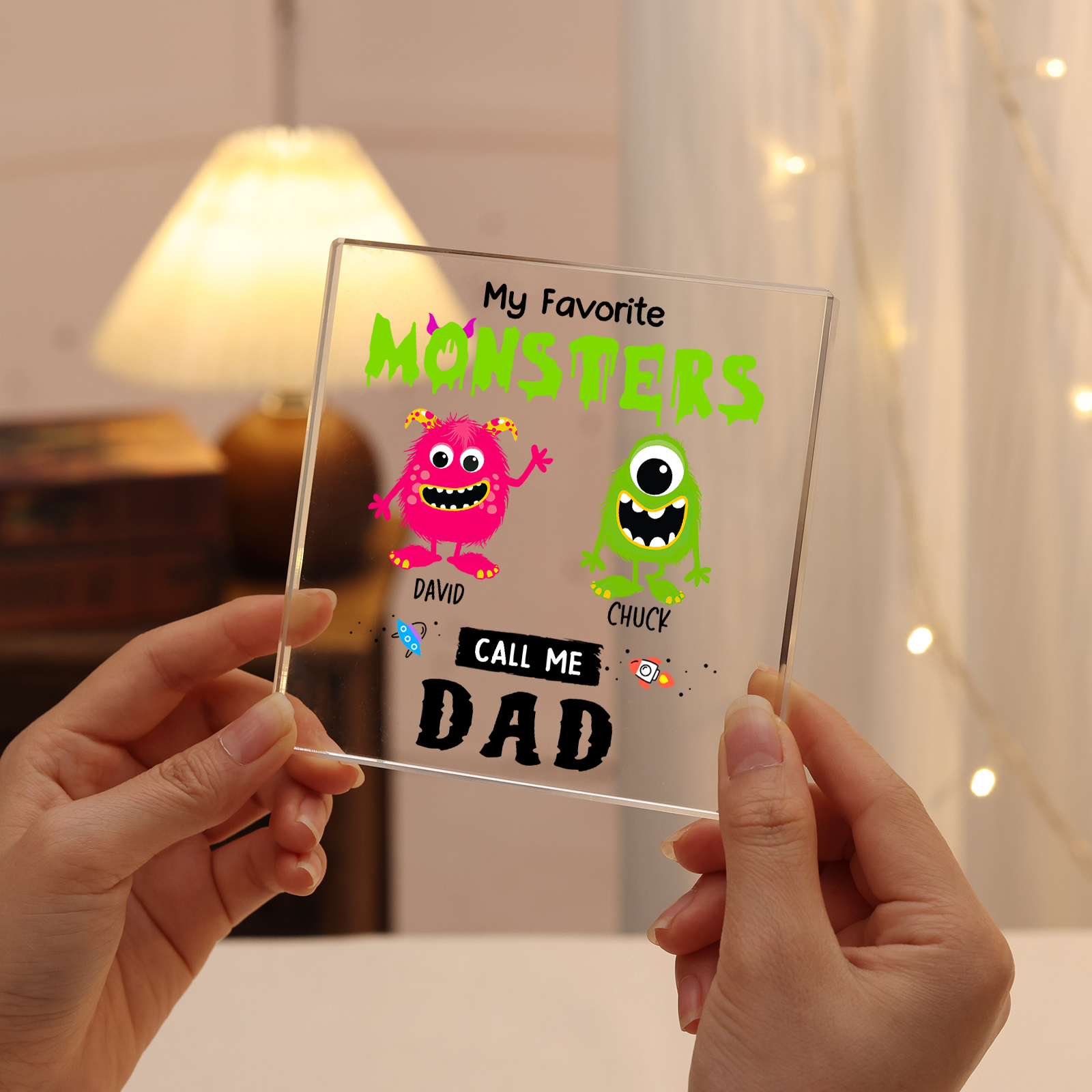 2 Names - Personalised Monster and Shit Style Custom Name Acrylic Ornament Father's Day Gift for Dad