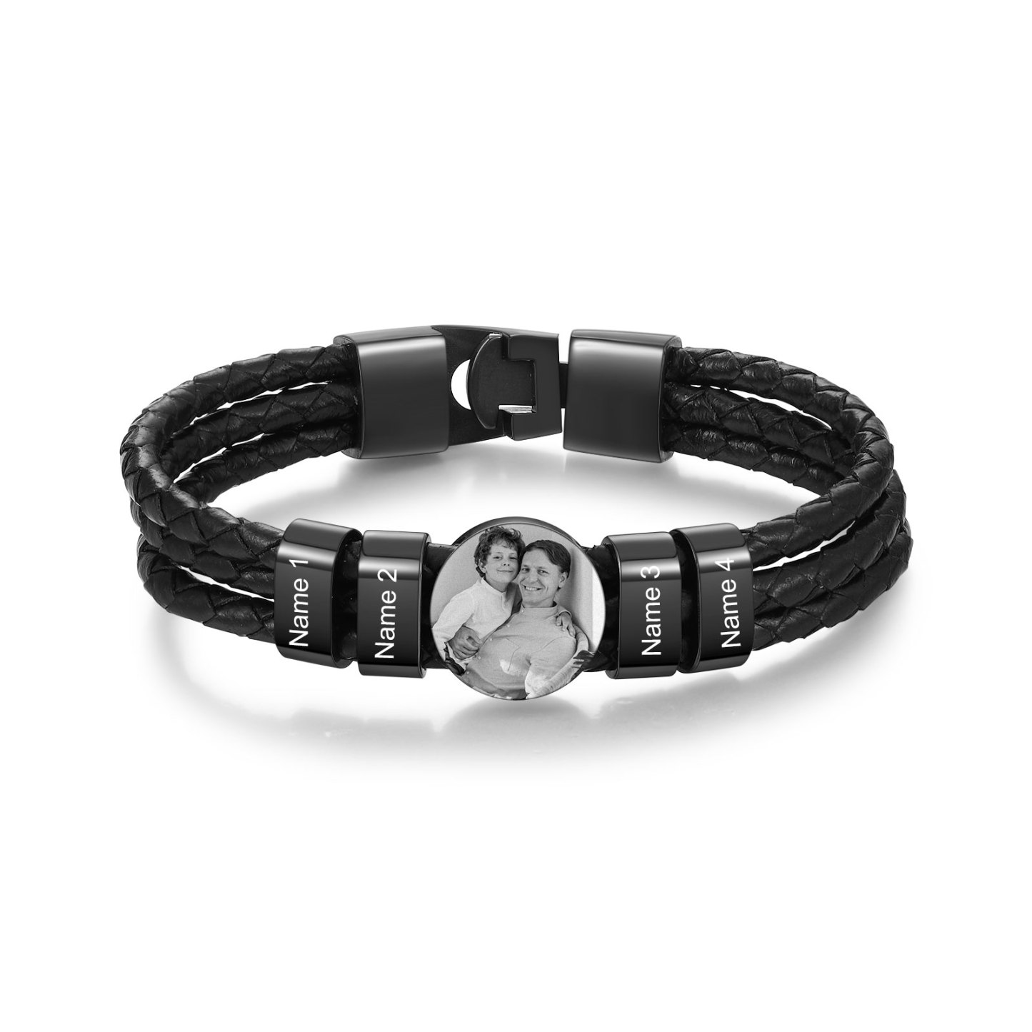 Personalised Braided Leather Bracelet Engraved with 4 Names and Customized 1 Photo Men's Bracelet for Dad