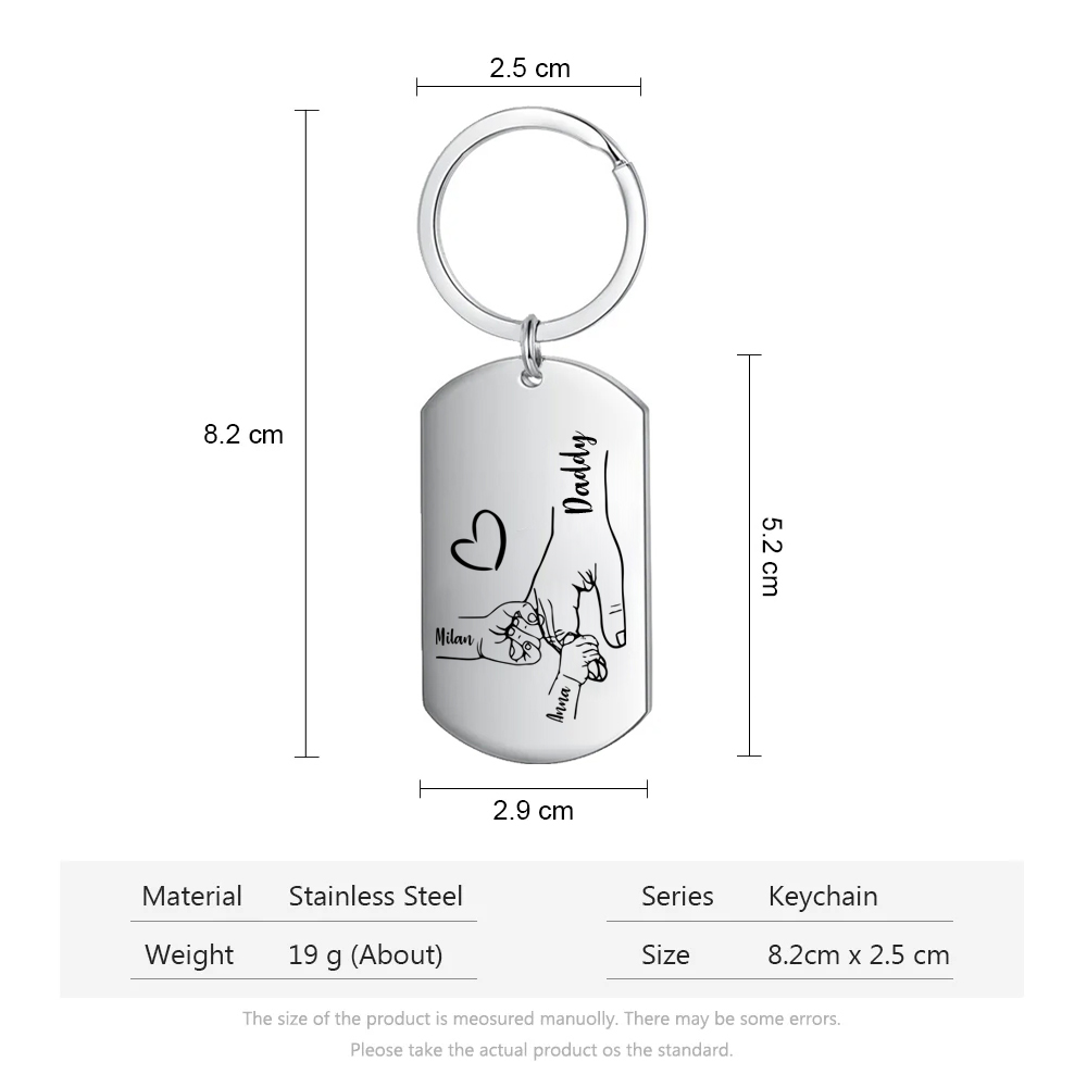 2 Names - Personalised Holding Hands Keyring with name and text Gift for Dad