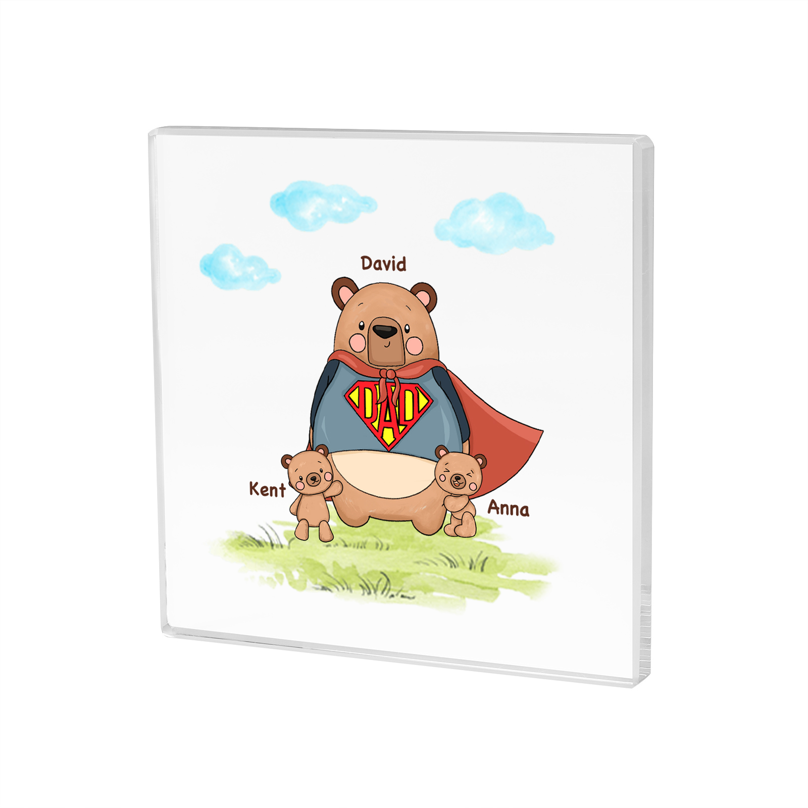 3 Names-Personalised Super Bear Family Acrylic Keepsake-Custom Text and Names-Acrylic Plaque Home Decoration Gift for Dad/Grandad
