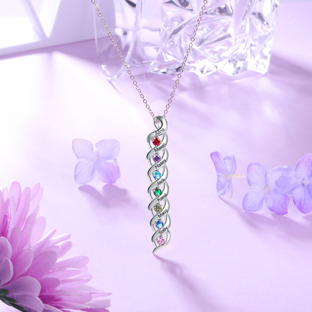 9 Names-Personalised Birthstones Necklace Set With Rose Gift Box-Custom Cascading Pendant Necklace Engraving 9 Names Gifts for Her