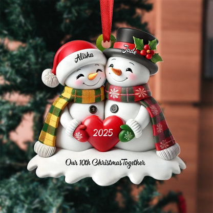 Personalised Heart Snowman Couple Christmas Tree Decoration