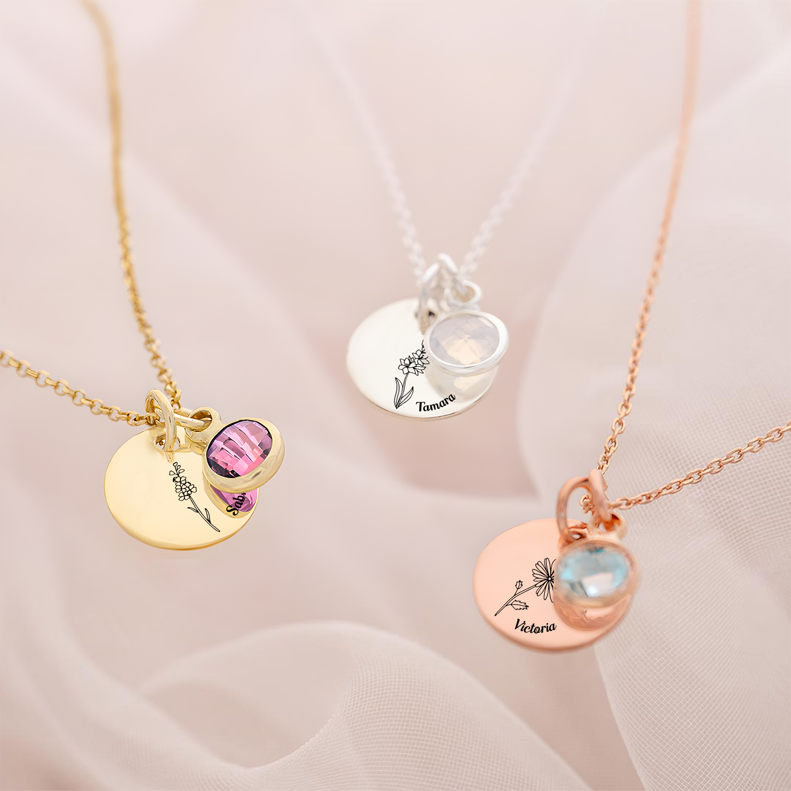 Personalised Birth Flower and Birthstone Necklace Custom Name Birthday Gift for Her | Jessemade