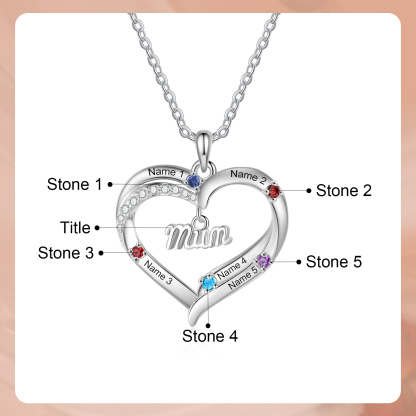 Personalised 2-5 Names Mum Nan Heart Necklace with Birthstones
