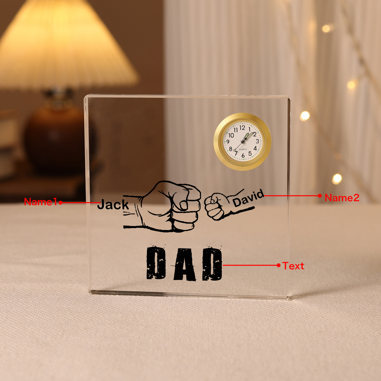 2 Names - Personalised Customized Name and Text Fist Bump Pattern Acrylic Rectangular Clock Ornament Father's Day Gift for Dad