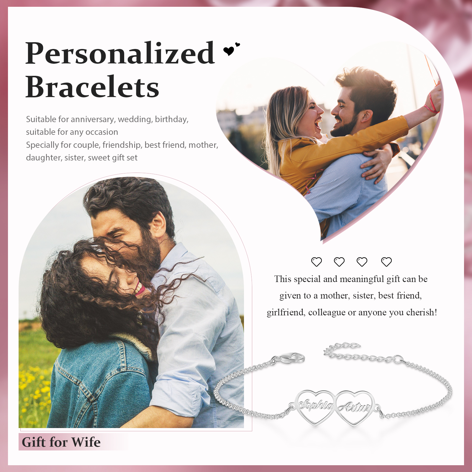 2 Names-Personalised Heart Pendant Bracelet Custom Names Bracelet Gift For Women