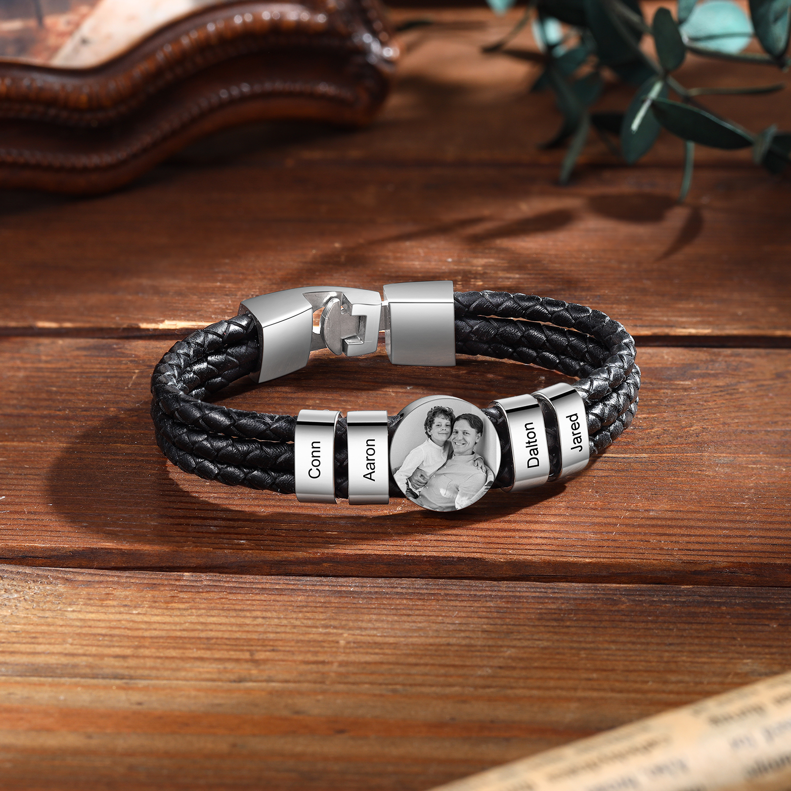 Personalised Braided Leather Bracelet Engraved with 4 Names and Customized 1 Photo Men's Bracelet for Dad