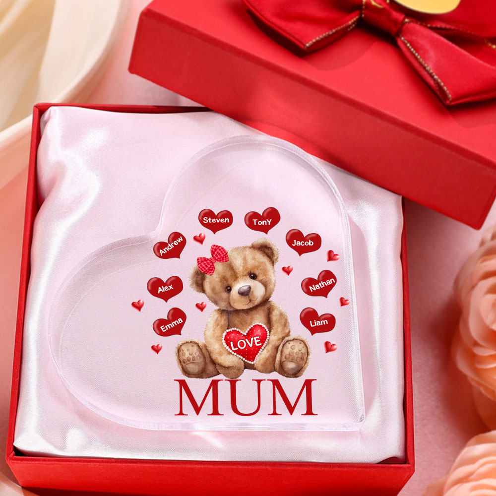 8 Names-Personalized Mum Acrylic Heart Keepsake Custom Text Love Teddy Bear Ornaments Gifts Set With Gift Box for Grandma/Mother