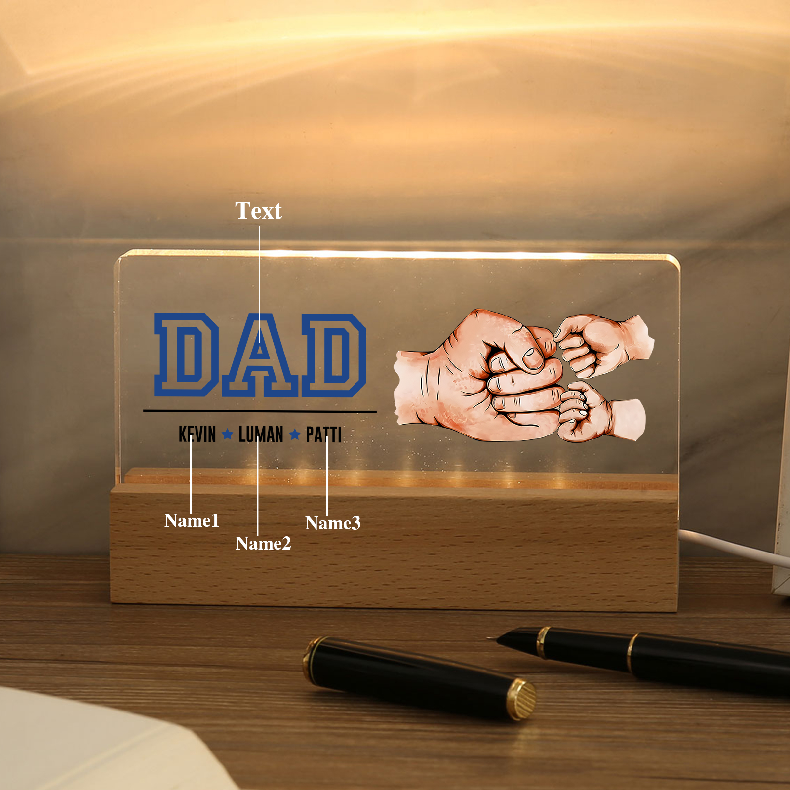 3 Names - Personalised Fist Bump Table Lamp - Dad's Dream Team - Father's Day Gift for Dad