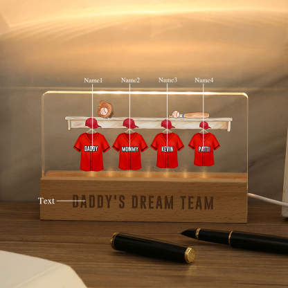 4 Names - Personalised Baseball Jersey Desk Lamp - Dad's Dream Team - Father's Day Gift for Dad