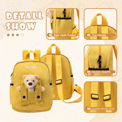 Personalised Bear School Bag Custom Name Canvas Backpack Back To School Gift for Kids