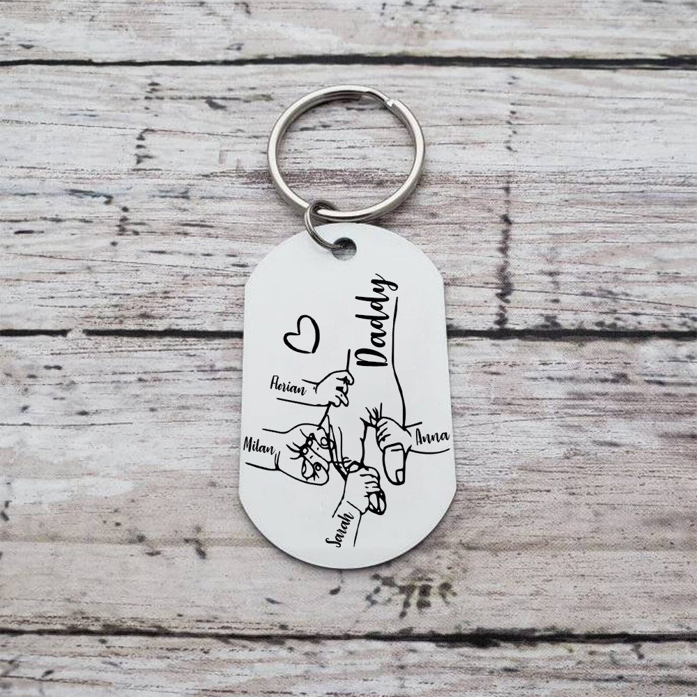 4 Names - Personalised Holding Hands Keyring with name and text Gift for Dad
