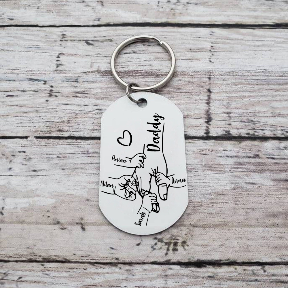 4 Names - Personalised Holding Hands Keyring with name and text Gift for Dad