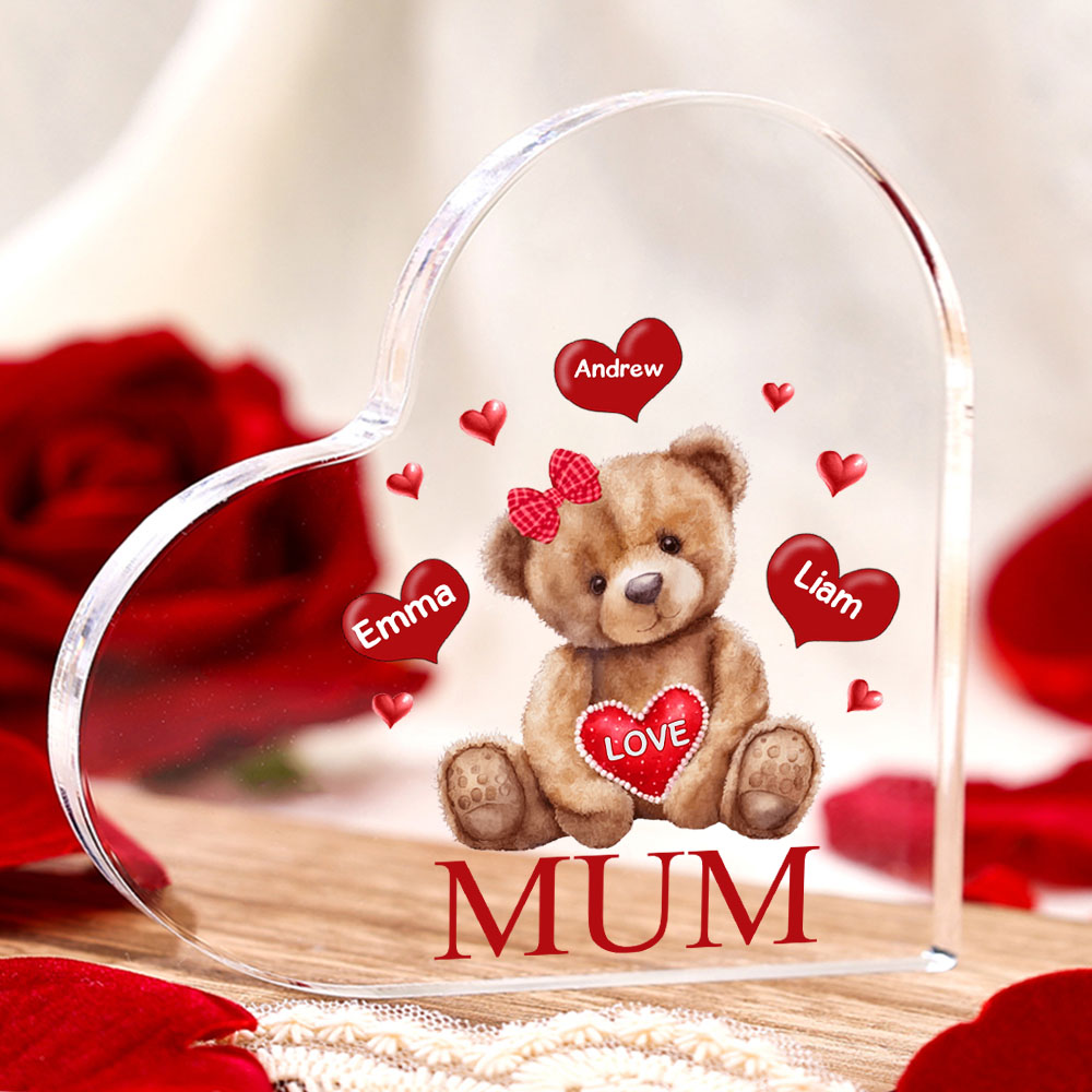 3 Names-Personalised Mum Acrylic Heart Keepsake Custom Text Love Teddy Bear Ornaments Gifts Set With Gift Box for Grandma/Mother