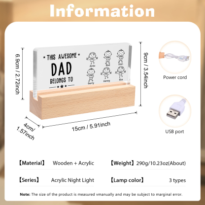 6 Names & Doll Gender - Personalised Lamp -This Awesome Dad  Belongs To - Father's Day Gift for Dad