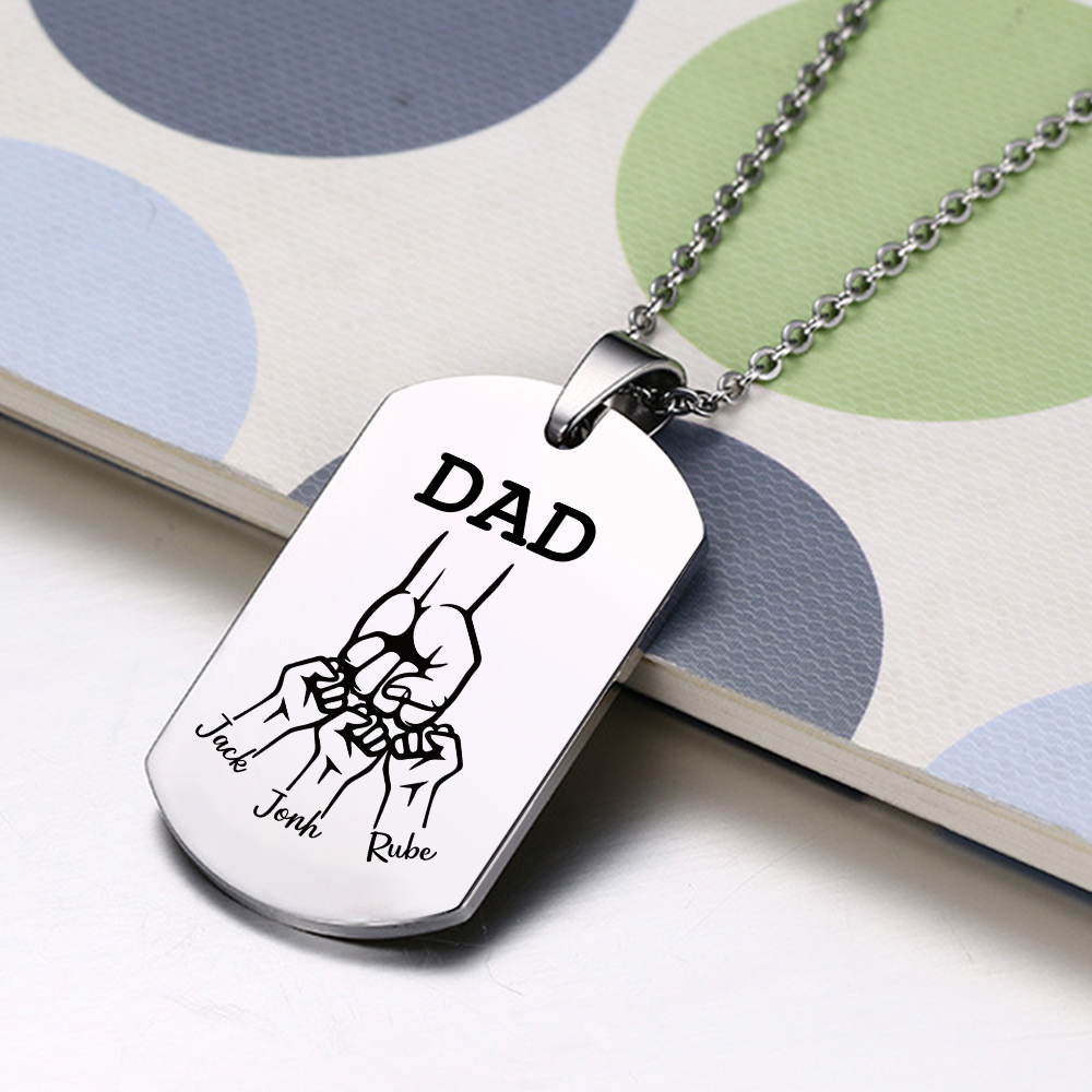4 Names-Personalised Dad Photo Fist Stainless Steel Necklace-Custom Names and Photo Necklace for Father/Grandad