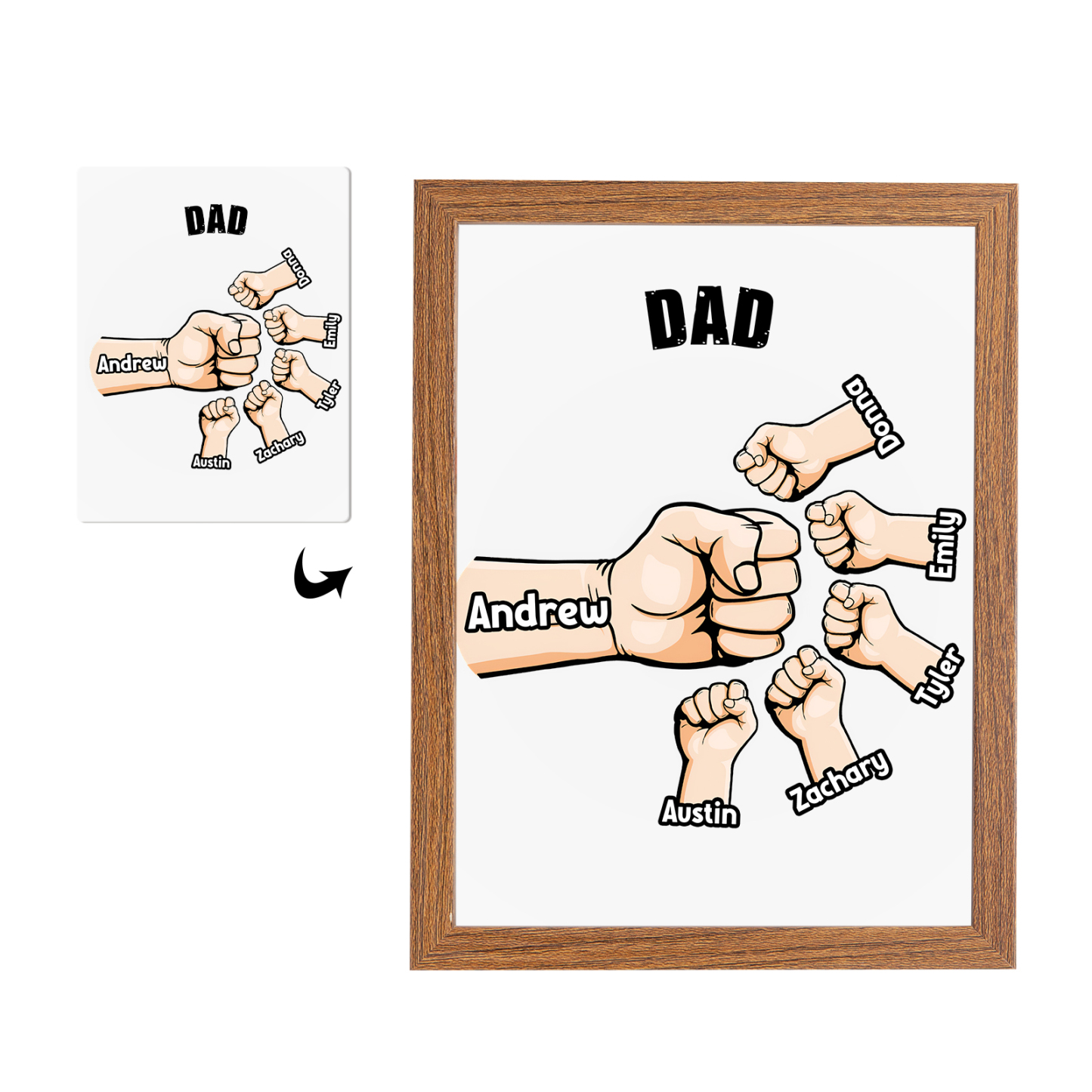 6 Names-Personalised Fist Dad LED Light Wooden Photo Frame -Custom Text & Names, Adjustable 3 Colors