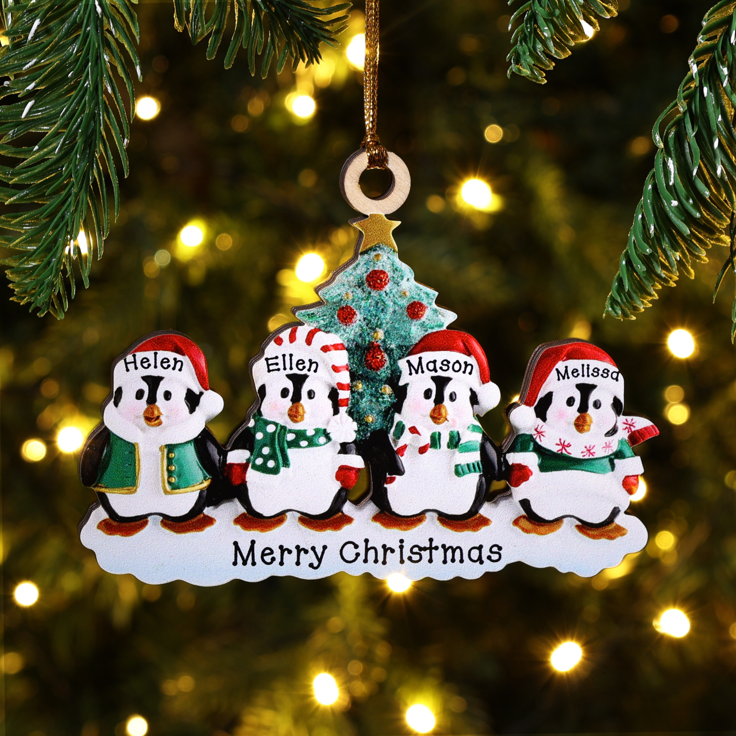 9 Names-Personalized Family Wooden Christmas Ornament-Custom 9 Names Hanging Ornament Gifts For Family-Winter Penguin Family